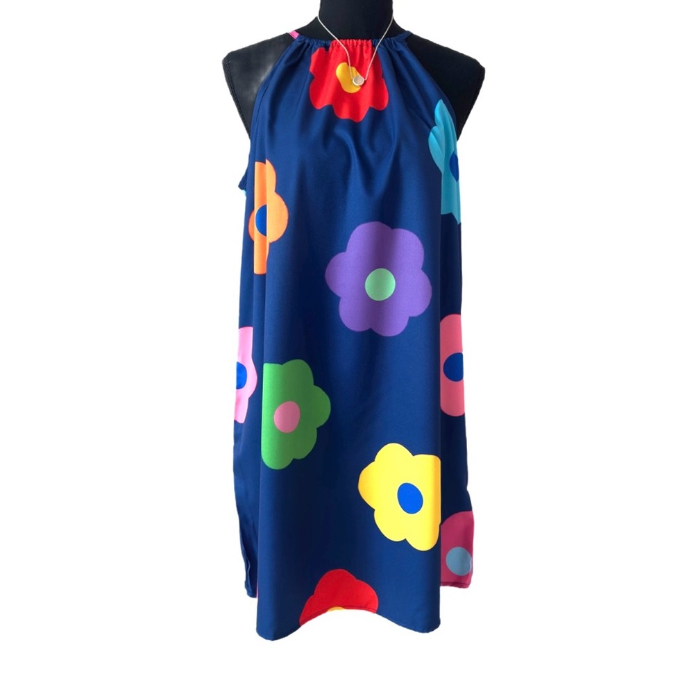 #102 SHEIN ~ Navy Multicolor Floral Loose Lightweight Dress Drawstring Neckline